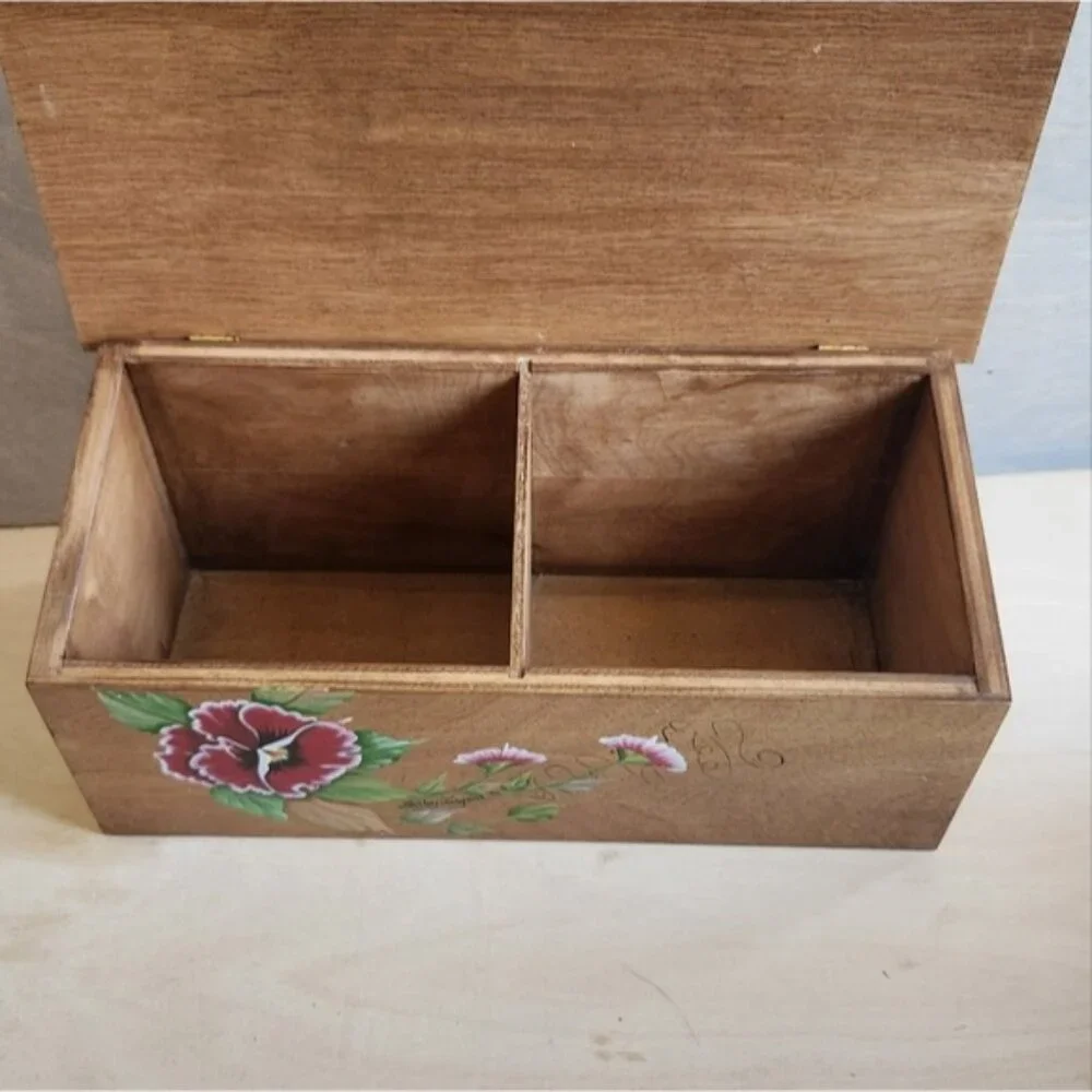 Divided Hand-Painted Wooden Box with Floral Design, Tea/herbs/office/seeds‎ Etc